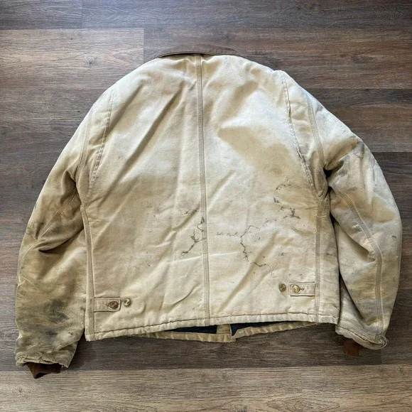 VTG‎ Carhartt Quilt Lined Canvas Chore Barn Coat Corduroy Collar Tan Distressed